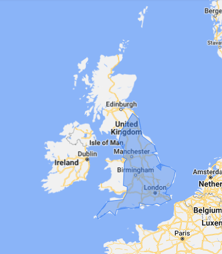 Map of the UK in the Google Ads interface with targeting set for England.