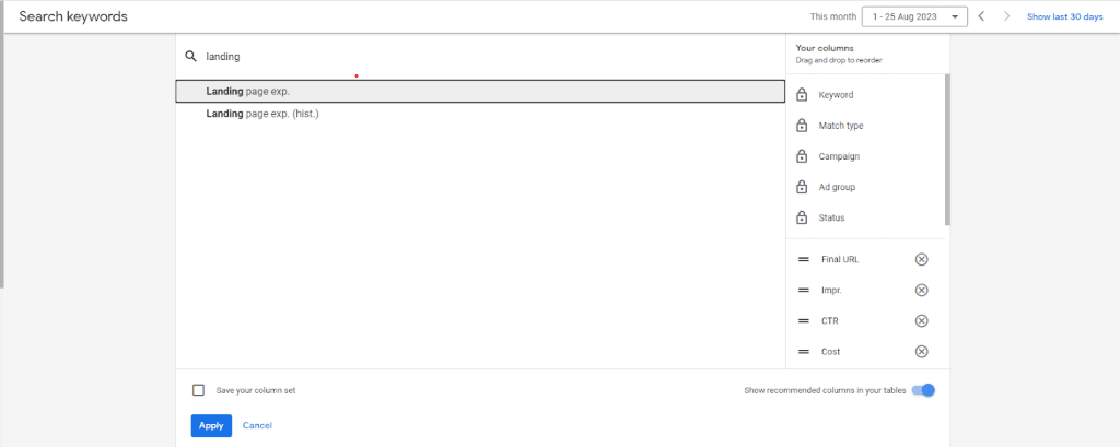 Landing page experience metric in the Google Ads interface.