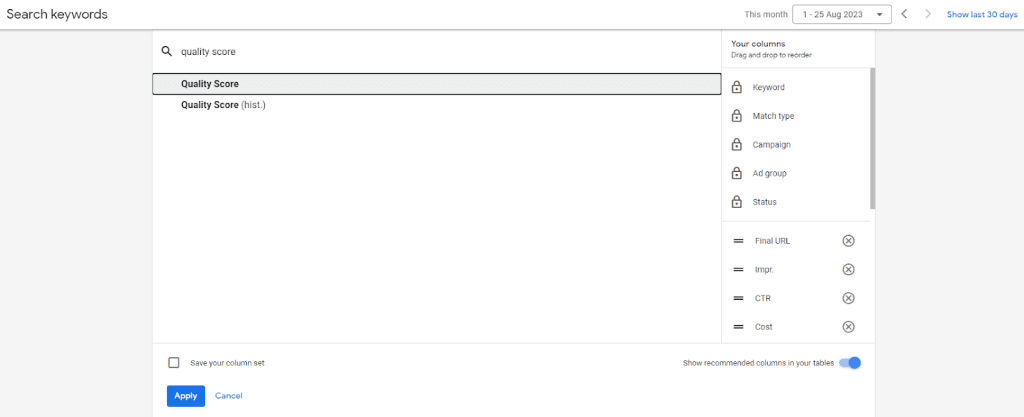Quality score metric in the Google Ads interface.