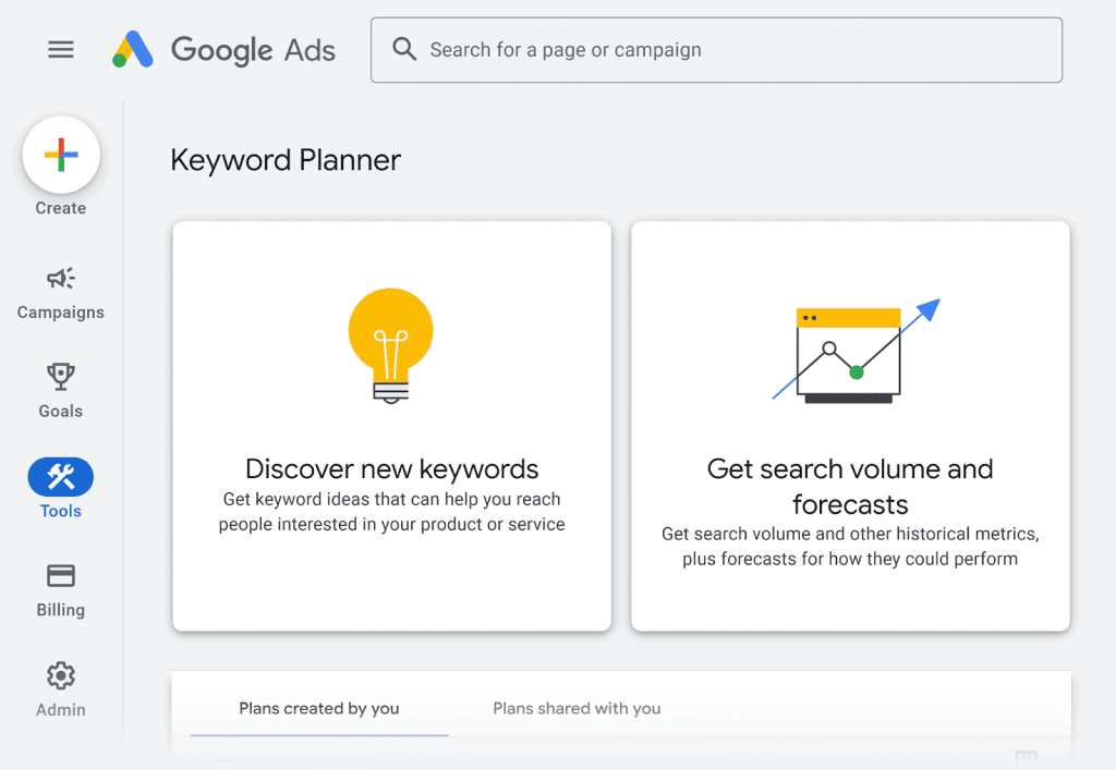 The keyword planner in the Google Ads interface.